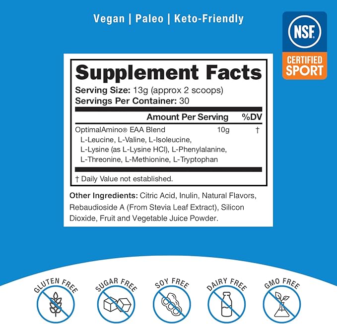 OptimalAmino® Best Pre/Post Workout Recovery Drink 99% Utilization Essential Amino Acid Supplement NSF Certified for Sport® Certified