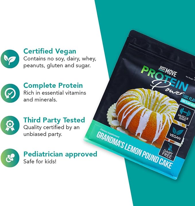 Just Move Protien - Grandma's Lemon Pound Cake - Vegan (Plant Based) Organic Dairy Free Soy Free Gluten Free Keto Peanut Free 20g Protein Low Carb Non GMO (17.2 Oz)