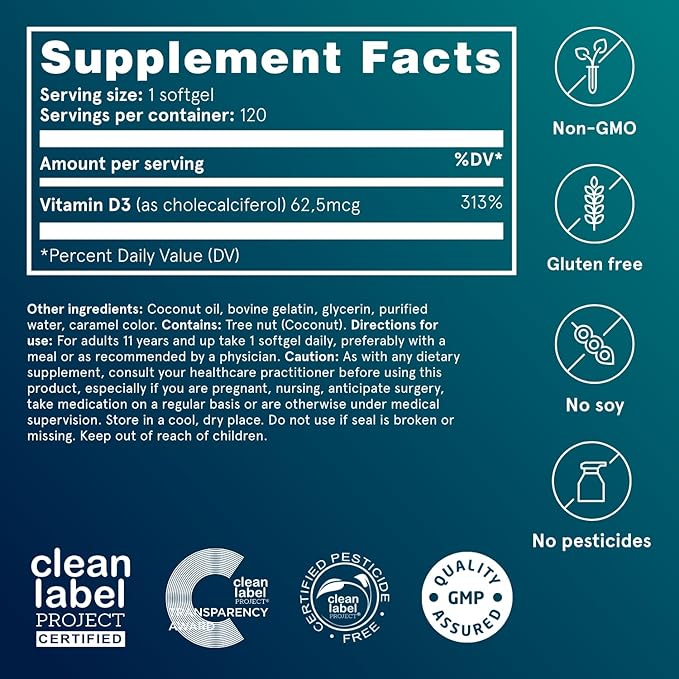 Puori Vitamin D3 Softgels 2500 IU (62.5 mcg) - Fast Absorbing Vitamin D3 Supplements for Immune System Support Bone Health &amp Density and Healthy Muscle Functions - Non-GMO &amp Gluten-Free - 24