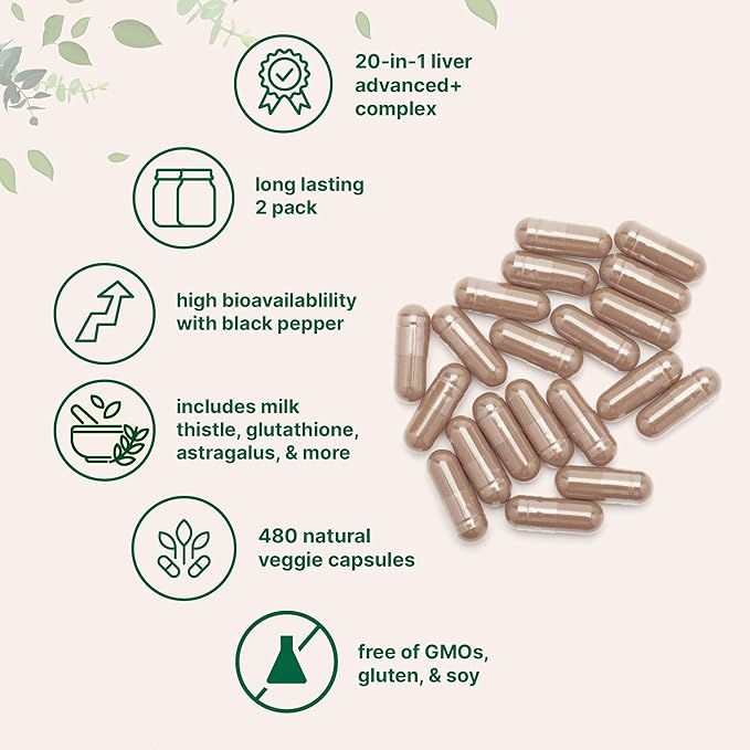 Liver Advanced+ 480 Veggie Capsules | 20-in-1 Complex + Milk Thistle Dandelion NAD NAC ALA TUDCA Glutathione Artichoke Turmeric &amp Astragalus | Non-GMO Gluten Free