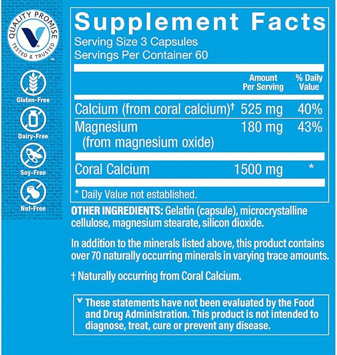 The Vitamin Shoppe Coral Calcium 1500MG - Eco Safe Source of Calcium Magnesium &amp Trace Minerals to Support Healthy Bones and Teeth (180 Capsules)