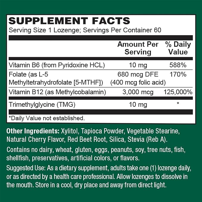 PlantFusion Vegan B12 Methyl 3000 mcg + Folate 400mcg - Sublingual Vitamins - Supports Energy Heart Health Nervous System - Cherry Flavor 60 High Potency Lozenges for Fast Absorption