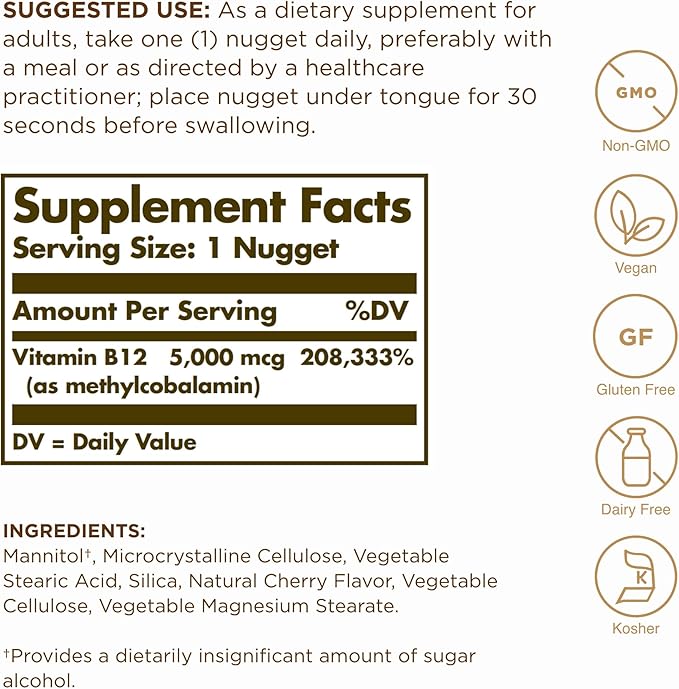 Solgar Methylcobalamin (Vitamin B12) 5000 mcg 60 Nuggets (Pack of 3) - Cherry Flavor - Supports Energy Metabolism - Body-Ready Active Form - Non-GMO Vegan Gluten Free - 180 Total Servings