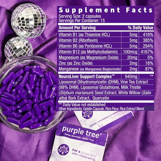 purple tree Post-Celebration Wellness Bottle + Packet Kit Combo Liver Support Rapid Hydration Body Replenisher | Dihydromyricetin DHM Milk Thistle Electrolytes Vitamin B Willow Bark Quercetin
