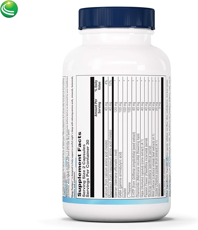 Nutra Biogenesis Sleep Factors - Sleep Aid Supplement for Adults with Melatonin Magnesium Valerian Root GABA &amp L-Theanine Sleeping &amp Rest Support - 60 Veggie Capsules