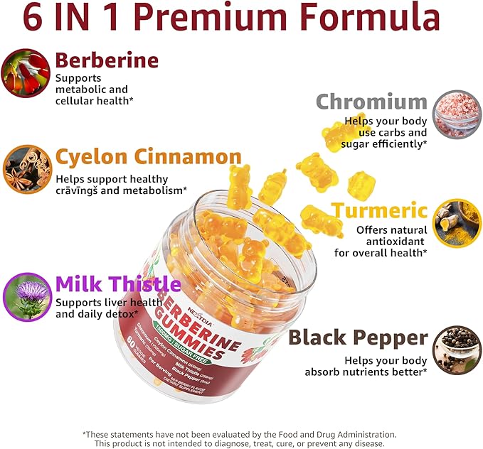 Berberine Gummies Supplement 1500mg Natural GLP-1 Support + Ceylon Cinnamon Chromium Milk Thistle Turmeric AMPK Activator for Women &amp Men Berberine HCl from Indian Barberry Sugar Free 2 Pa