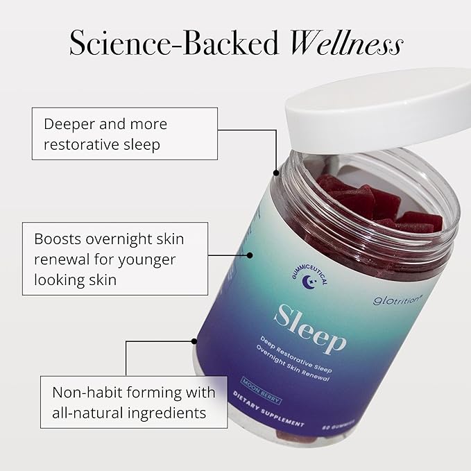 Glotrition Beauty Sleep Gummy | Deeper Higher Quality Sleep | Rejuvenate &amp Moisturize Skin at Night | Non-Habit Forming with Natural Ingredients | 60 Gummies