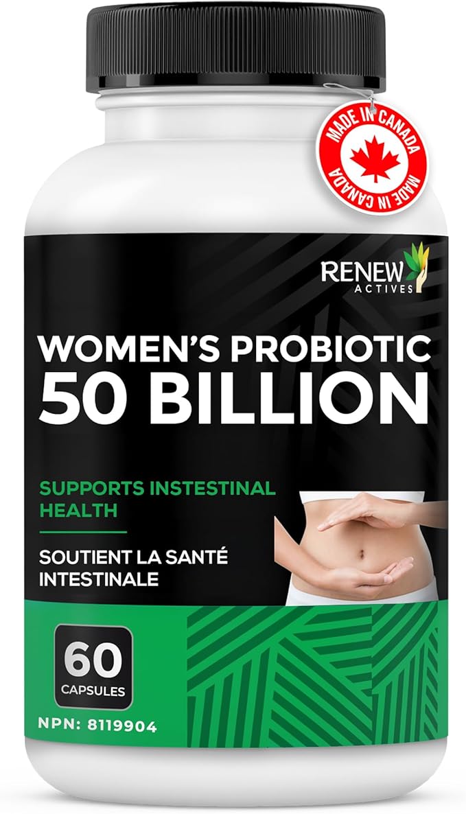 RENEW ACTIVES Probiotics for Women 50 Billion CFU per 2 Capsules – MAKTREK Technology 4 Probiotic Strains &amp Prebiotic Blend– Supports Digestion Health &amp Gut Flora Balance– Made in Canada– 60