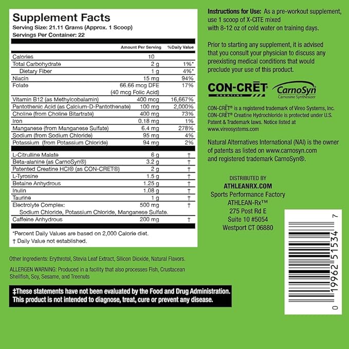 X-CITE Pre-Workout by ATHLEAN-X - Enhanced Formula with Beta-Alanine Creatine &amp Caffeine for Ultimate Energy Endurance Focus &amp Muscle Pump NSF Certified for Sports (Sour Green Apple)