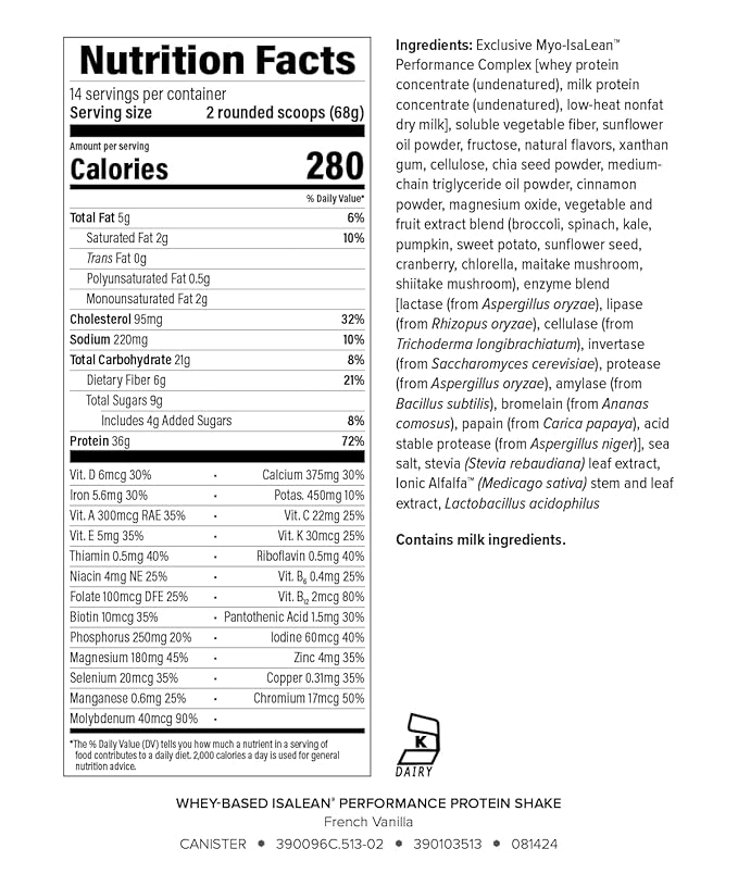 IsaLean Performance Protein Shake - Meal Replacement Shake with 36g of Protein - Helps Support Lean Muscle Building and Weight Management - Enriched with 24 Essential Vitamins and Minerals - 33.6 oz -