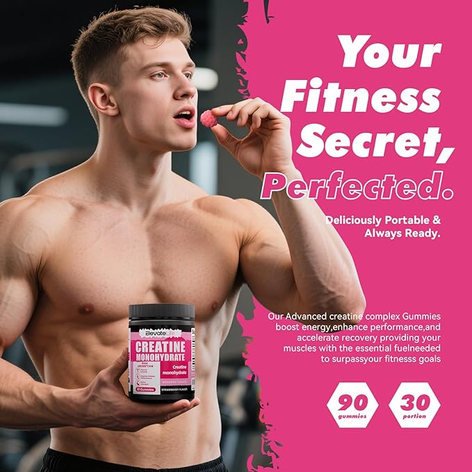 NSFCertified Creatine Monohydrate Gummies 5000mg for Men &amp Women Chewables Creatine Monohydrate for Muscle Strength Muscle Builder Energy Boost Pre-Workout Supplement(90 Count)-Strawberries