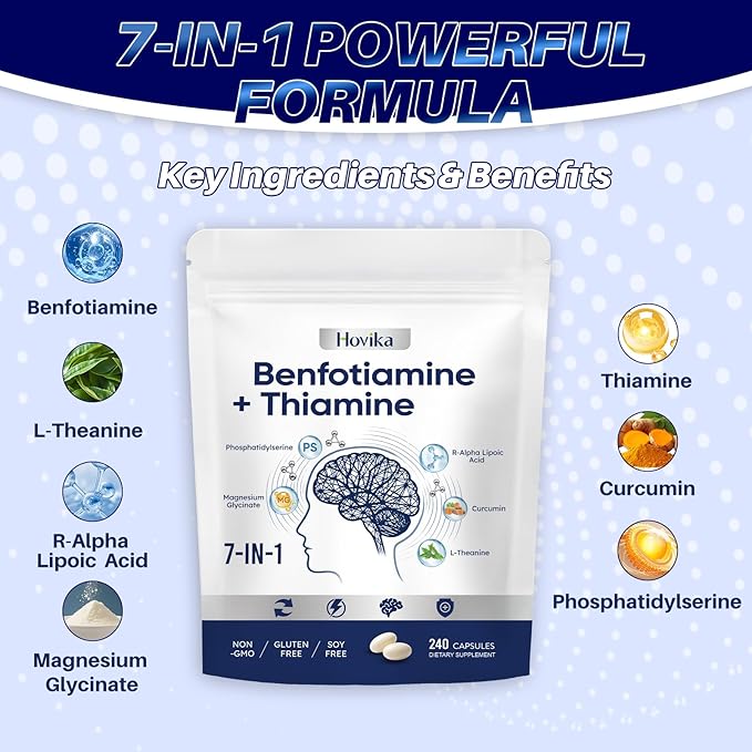 Vitamin B1 Benfotiamine 300mg with R-ALA 600mg &amp Thiamine - Advanced Nerve Support Supplement with Phosphatidylserine L-Theanine Turmeric &amp Magnesium - Non-GMO Gluten Free 240 Capsule