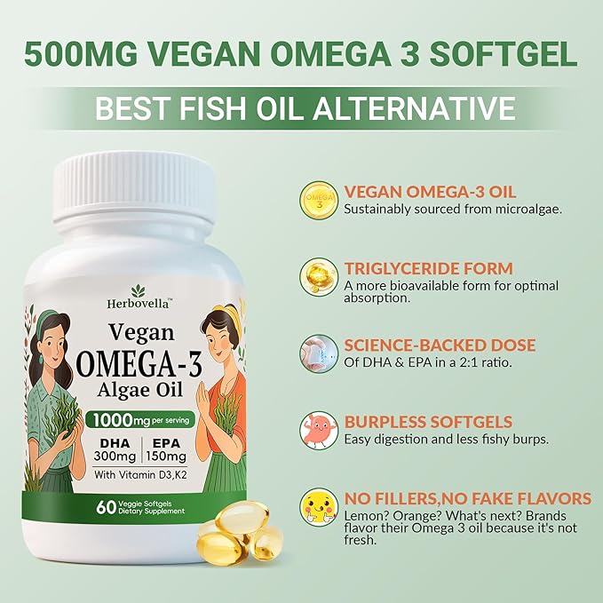 Algae Omega 3 Softgels with 300mg DHA 150mg EPA &amp Vitamin D3 &amp K2 - Omega 3 Supplement Fatty Acid to Support Brain Eye &amp Immunity - Vegan 60 Count