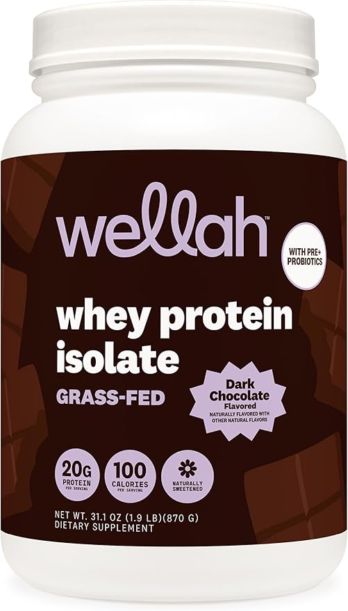 Wellah Grass-Fed Whey Protein Isolate Powder (Dark Chocolate) 30 Servings - with Prebiotics Enzymes &amp Probiotics 20g of Protein 100 Calories Naturally Sweetened