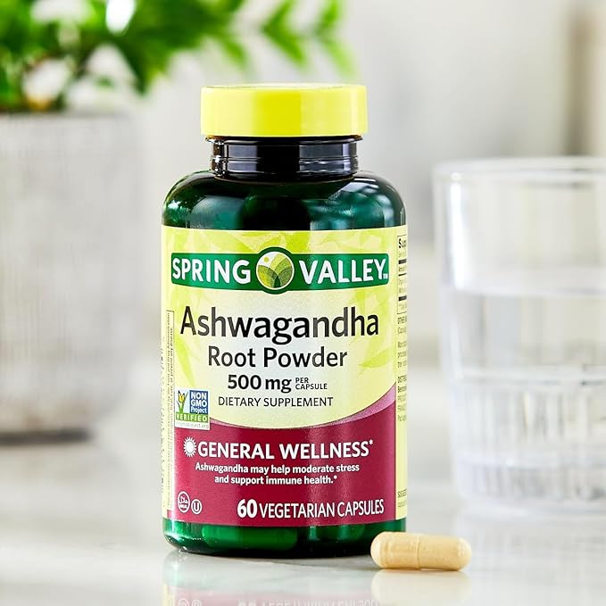 Spring Valley Ashwagandha- 500mg Root Powder 60 Capsules (Pack of 1) Set by Basket Goods