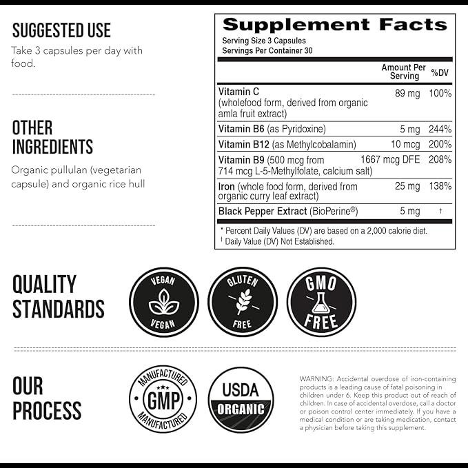 Organic Iron Supplement | Whole Food Mineral &amp Cofactors 25 mg Elemental | Enhanced Absorption Plus Blood Health Vitamins – Gentle Form – Supports Healthy Levels &amp Blood Health – 90 Capsules