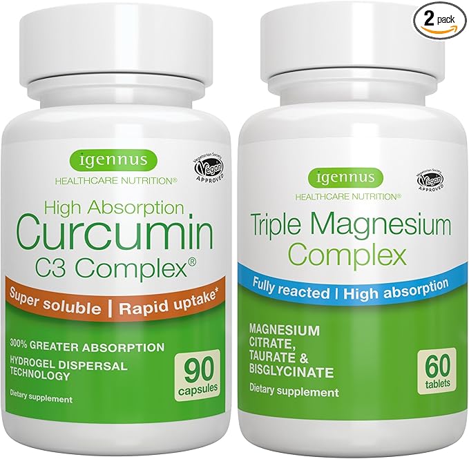 Triple Magnesium Complex + High Absorption Curcumin C3 Complex Vegan Bundle High Absorption Chelated Glycinate Taurate &amp Citrate Magnesium + 300% Greater Absorption Curcuminoids with Rapid Upta