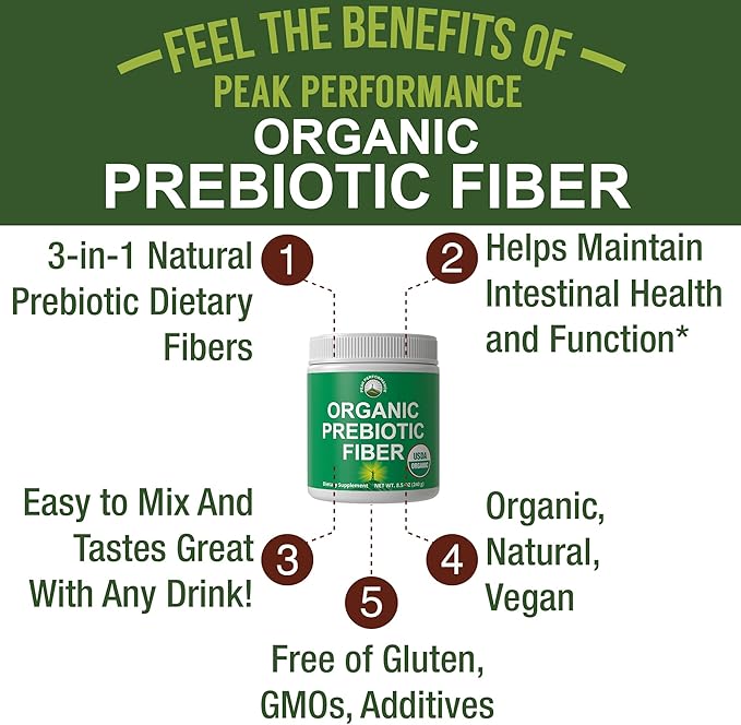 USDA Organic Prebiotic Fiber 3-in-1 Vegan Powder for Gut Health - Raw Whole Food Plant Based Prebiotics Digestive Supplement with Inulin (Jerusalem Artichoke) Acacia Fibers SunFiber 240g
