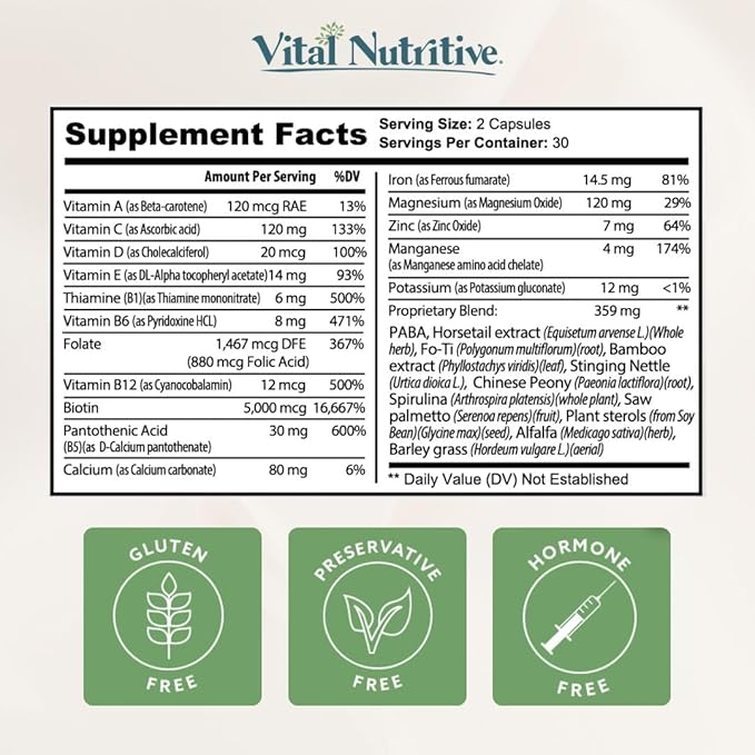 Vital Hair Complex – Biotin &amp Vitamin B Hair Vitamins for Women &amp Men – Supports Healthy Hair Skin &amp Nails – Hormone-Free Gluten-Free – Hair Supplement for Women &amp Men