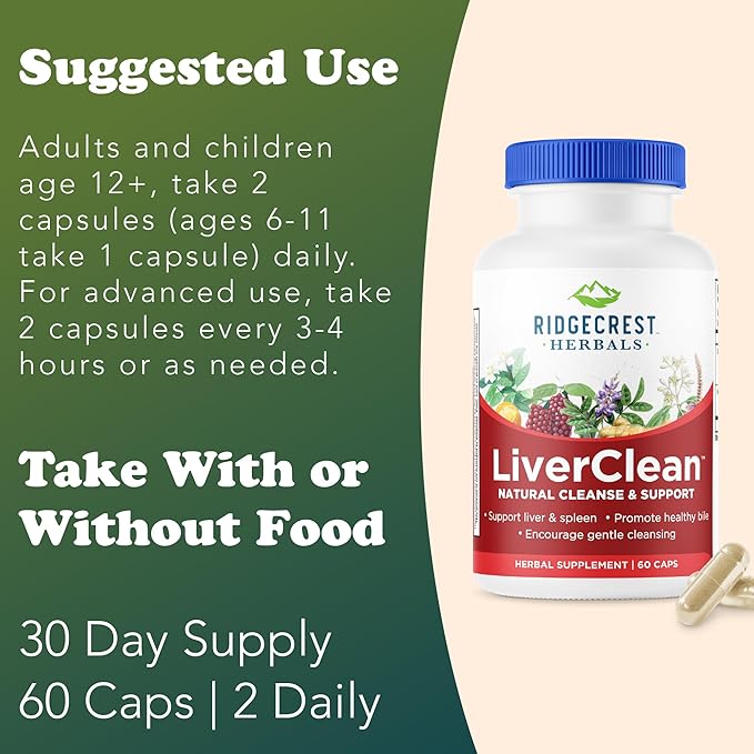 Ridgecrest Herbals LiverClean Herbal Liver Support Supplement Blessed Thistle Dandelion Detox Cleanse Support Healthy Bile (60 Caps 30 Serv)
