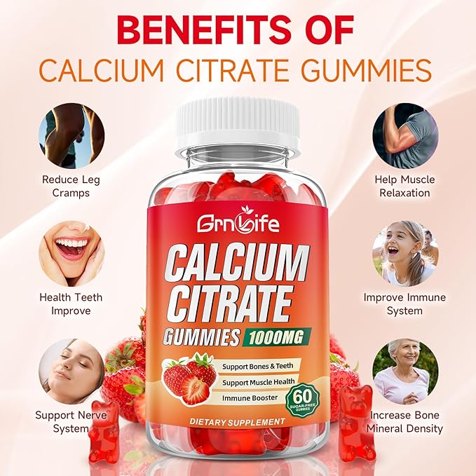 2 Pack Calcium Citrate Gummies Sugar Free Calcium Citrate 1000mg for Muscle Healthy Absorption Calcium Supplements for Adults &amp Kids Strawberry 120 Count