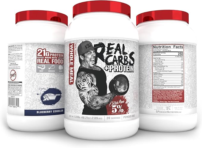 5% Nutrition Rich Piana Real Carbs + Protein | Clean Mass Gainer Protein Powder | Real Food Carbohydrate Fuel for Pre Workout/Post-Workout Recovery Meal | 2.89 lb 20 Srvgs (Blueberry Cobbler)