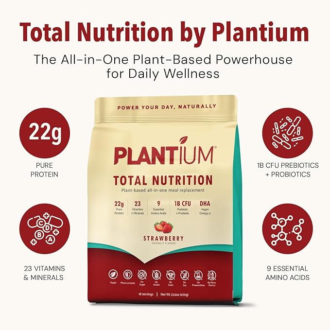 Plantium Total Nutrition Premium All-in-One Meal Replacement Shake Plant-Based Protein Powder with Vitamins Minerals &amp Probiotics 22g Protein per Serving Strawberry