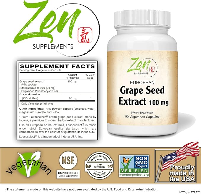 Grape Seed Extract 100mg Strength - European Grape Seed Extract Standardized to 80% OPC for Powerful Antioxidant &amp Inflammation Support - Best Grape Seed Extract -Non-GMO &amp Gluten Free 90-Vegc