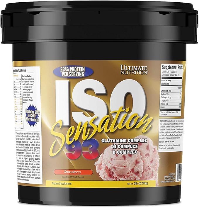 Ultimate Nutrition Iso Sensation 93 with Glutamine Whey Protein Isolate Powder 30 Grams of Protein Low Carb Protein Shakes Keto Friendly 5 Pounds Strawberry Flavoured