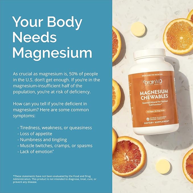 BRAINMD Dr Amen Magnesium Chewables Citrus - 60 Chewable Tablets Pack of 2 - Essential Mineral for Optimal Cell Function - Gluten Free - 120 Total Servings