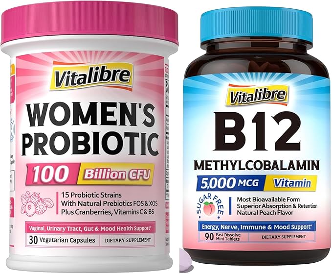Probiotics for Women 100 Billion CFU 30 Vegan Capsules &amp Vitamin B12 Sublingual 5000 mcg 90 Fast Dissolve Mini Tablets