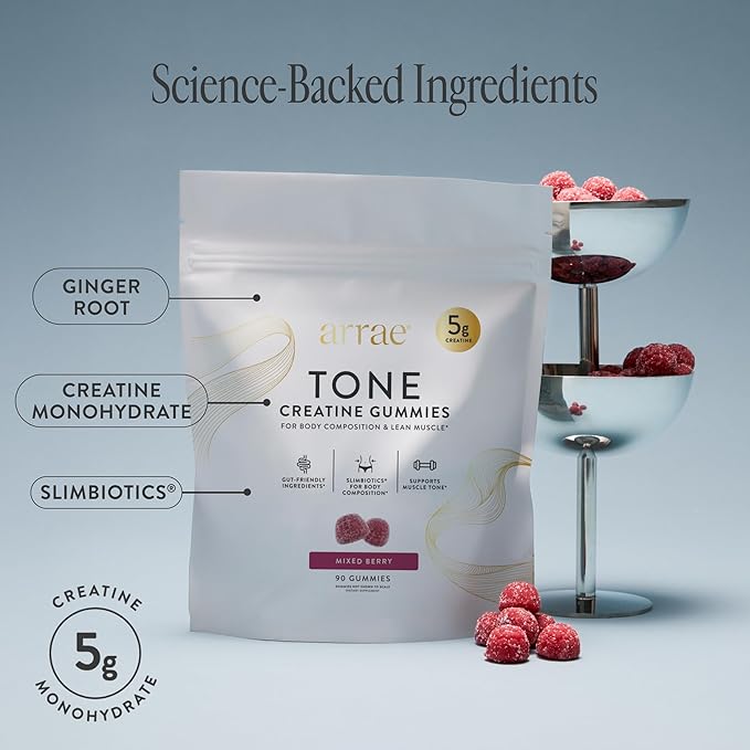 Arrae Tone Gummies – Creatine Monohydrate 5g for Women – Support Lean Muscle Strength &amp Recovery – Hormone-Friendly Muscle Toning Supplement – Mixed Berry Flavor – 90 Count