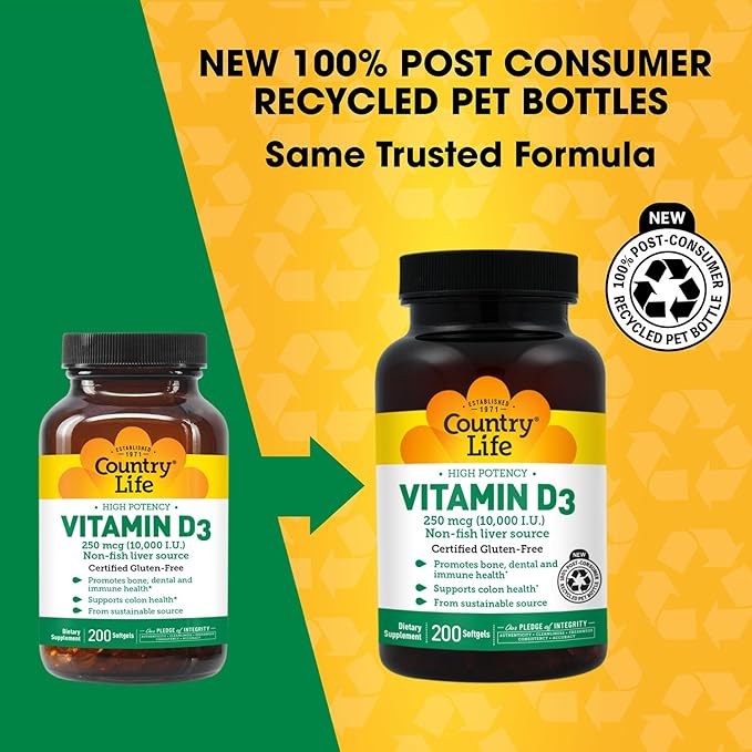 Country Life Vitamin D3 10000 IU – High Potency Non-Fish Source – Bone &amp Immune Support – Certified Gluten-Free – 200 Softgels