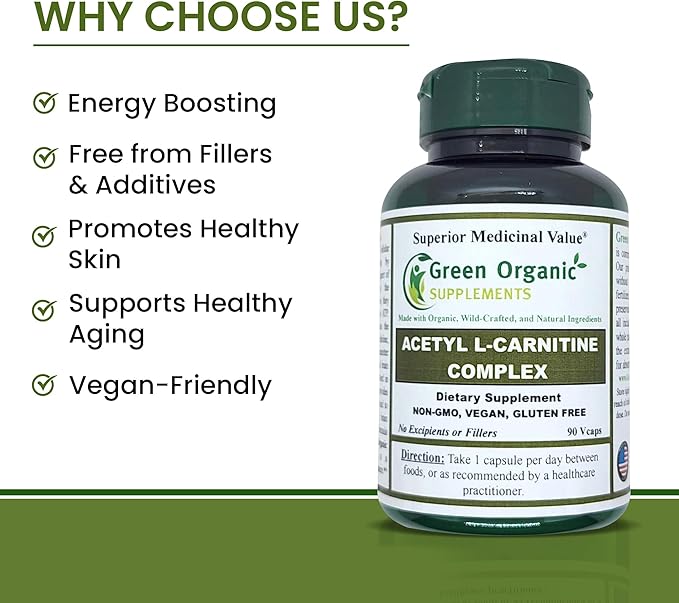 Green Organic Supplements Acetyl L-Carnitine Carnitine ALC High Absorbable Non-GMO Gluten-Free (Pack of 2)