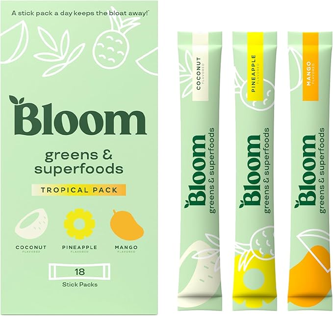 Bloom Nutrition Superfood Greens Powder Stick Packs Digestive Enzymes with Probiotics and Prebiotics Gut Health Bloating Relief for Women Chlorella Green Juice Mix 18 SVG Tropical Variety