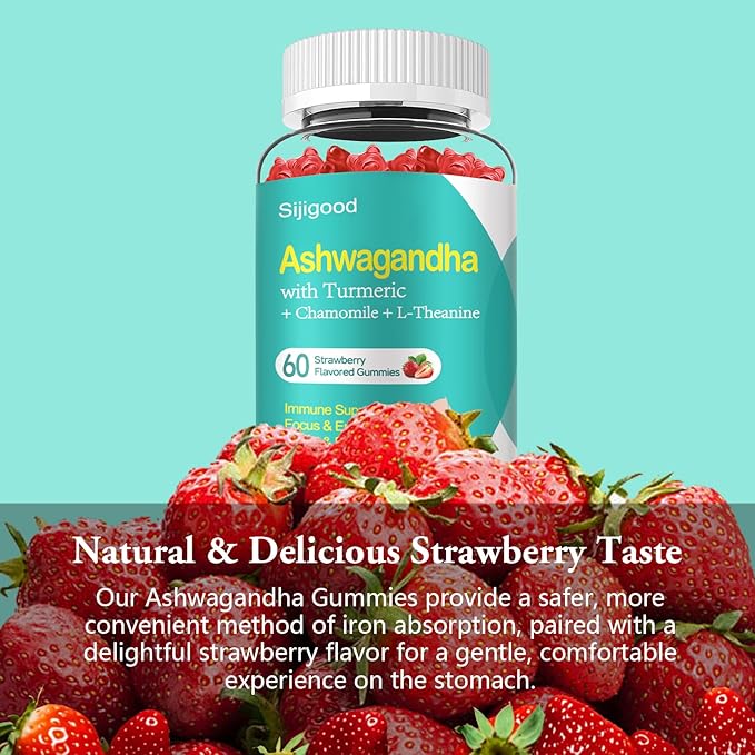 2 Pack Ashwagandha Gummies with L-theanine Ashwa Root Supplement Gummy for Women Men 120 Strawberry Flavored Gummies