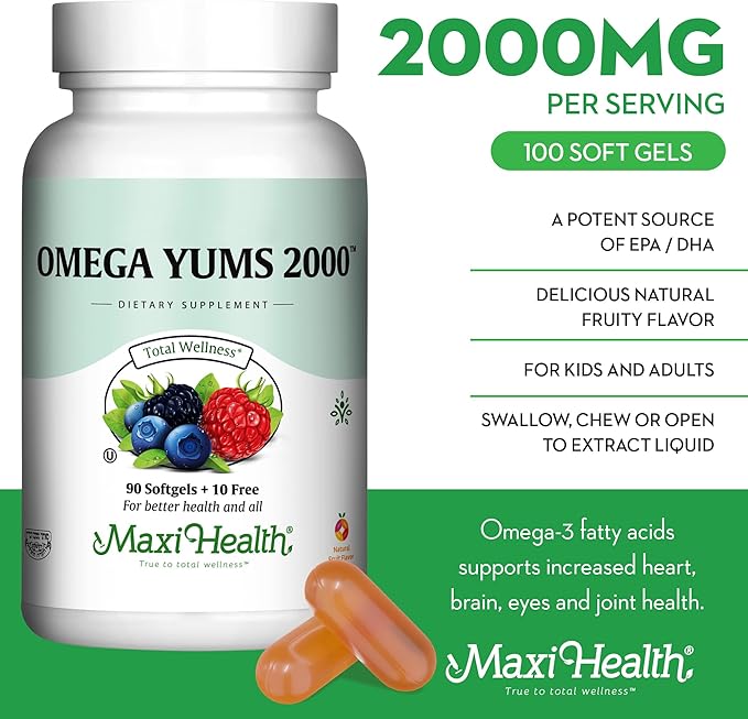 Maxi Health Fish Oil 2000mg - Omega 3 Supplement for Adults and Kids - Fruity Burst - Omega-3 Fish Oil Source of EPA/DHA Fatty Acids - Heart Brain Joint Health - Kosher Certified - 100 Softgels