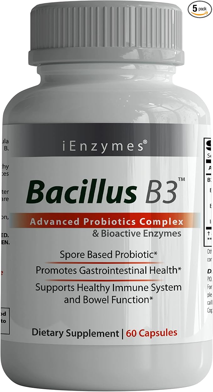 Bacillus B3 Probiotic Complex &amp Enzymes – 100% Spore-Based Organisms - SBO - Better Survivability - Bacillus Coagulans Bacillus Subtilis &amp Bacillus Clausii - Non GMO - 60 Capsules (Pack of 5)