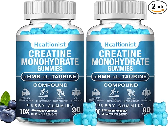 2 Pack 8000MG Creatine HMB Monohydrate Gummies for Men &amp WomenL-Carnitine L-Taurine &amp Vitamin B6 12 180 Blueberry Flavor Counts Supplement Gummies (60-Day Supply)