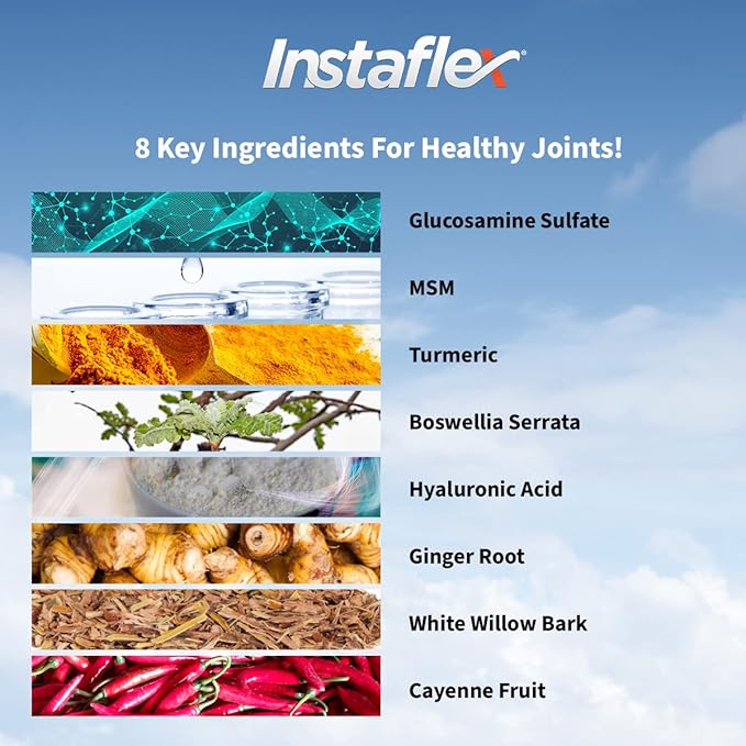 Instaflex Joint Support Supplement for Men and Women - Glucosamine MSM White Willow Turmeric Ginger Cayenne Hyaluronic Acid - 180 Capsules
