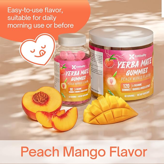 60 Yerba Mate Gummies - Formulated with L-Theanine Rhodiola Rosea Ginseng Choline B12 – Peach Mango Flavor – Vegan Gluten-Free Non-GMO