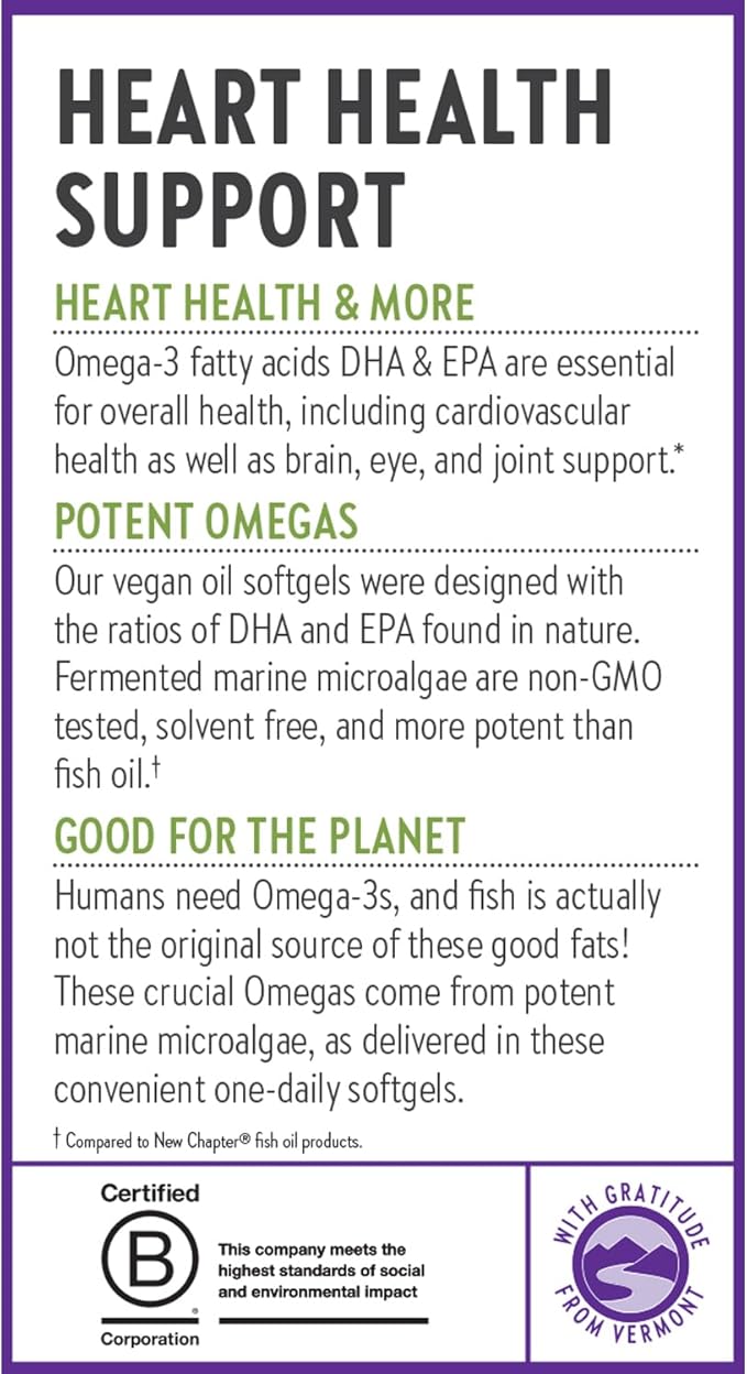 New Chapter Vegan Algae Oil DHA EPA and DPA Supplement - Vegan Omega-3 Complex for Heart Brain Eye &amp Joint Support - 30 Softgels