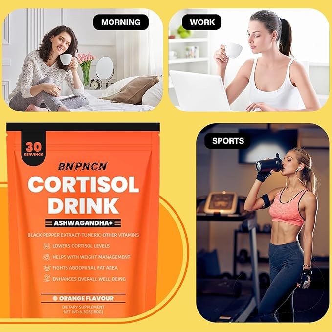 Cortisol Support Drink Mix with Ashwagandha and L-Theanine Stress Relief Supplement Powder for Adults (2pcs Orange)