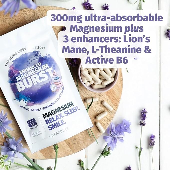 Enhanced Magnesium (Capsules) | Precise 300mg per Serving | Enhancement Blend: Organic Lion's Mane Extract L-theanine Active Vitamin B6 | 120 Capsules - by Organic Burst