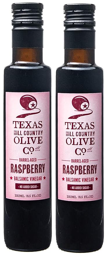 Raspberry Balsamic Vinegar - Gourmet Barrel Aged Infused Balsamic Vinegar - Great for Dressing Dipping Glazing - No Artificial Flavors or Added Sugar - Made in Texas (8.5 oz 2 Pack)