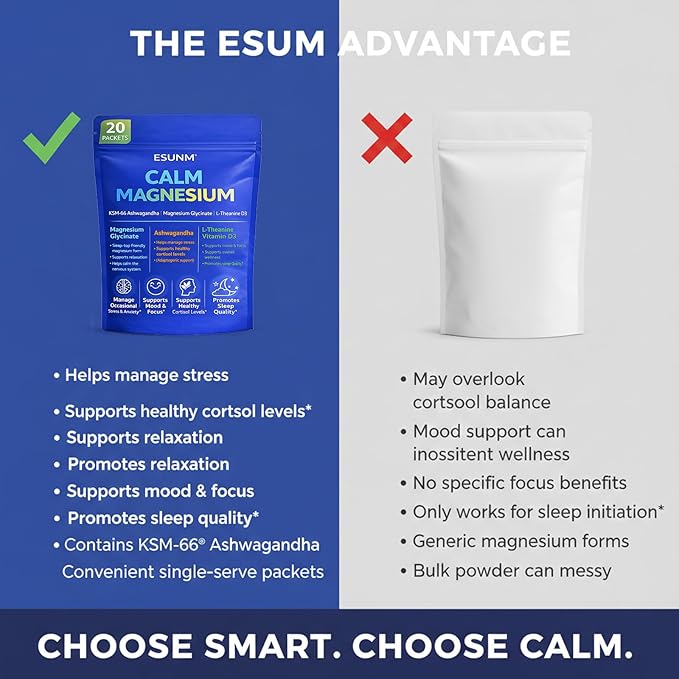 ESUNM Calm Magnesium Drink Mix Packets Magnesium Glycinate with KSM-66 Ashwagandha L-Theanine GABA Saffron &amp Vitamin D3 Relaxation Mood &amp Sleep Support Raspberry Lemonade 20 Stick Pack