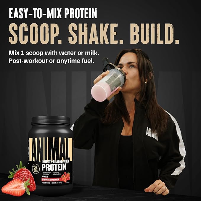 Animal Whey Isolate Protein Powder - Loaded for Pre &amp Post Workout Muscle Builder and Recovery with Digestive Enzymes for Men &amp Women - 25g Protein Great Taste Low Sugar - Strawberry 2 lbs