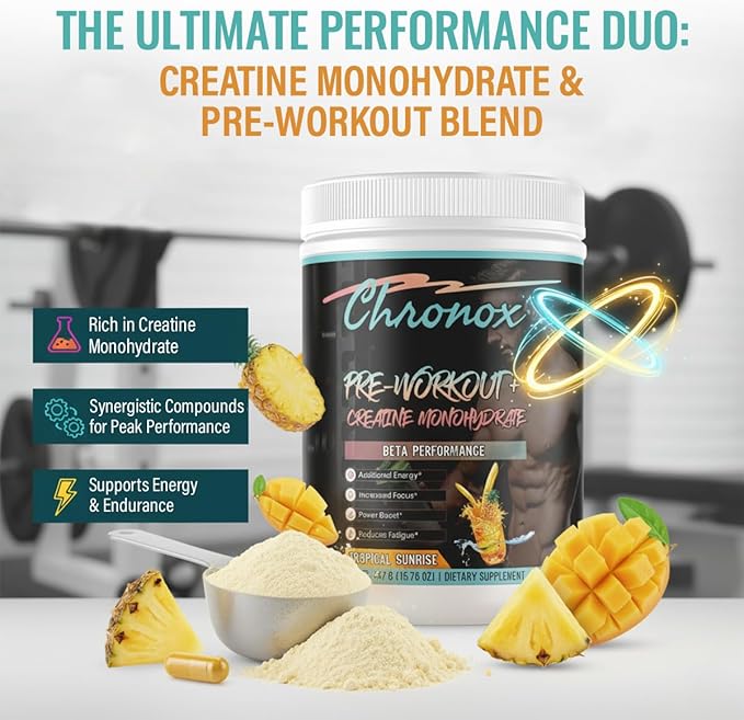 Creatine Monohydrate Powder with Tropical Sunrise Flavor - Premium Pre-Workout for Men &amp Women to Boost Energy &amp Stamina - Mass Gainer supplement for Strength Focus Recovery &amp Active Tra