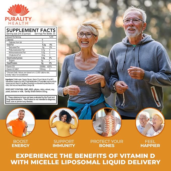 PURALITY HEALTH Vitamin D3 with K2 Liquid Supplement Vegan Micelle Liposomal Enhanced Absorption Non-GMO 30 Day Supply