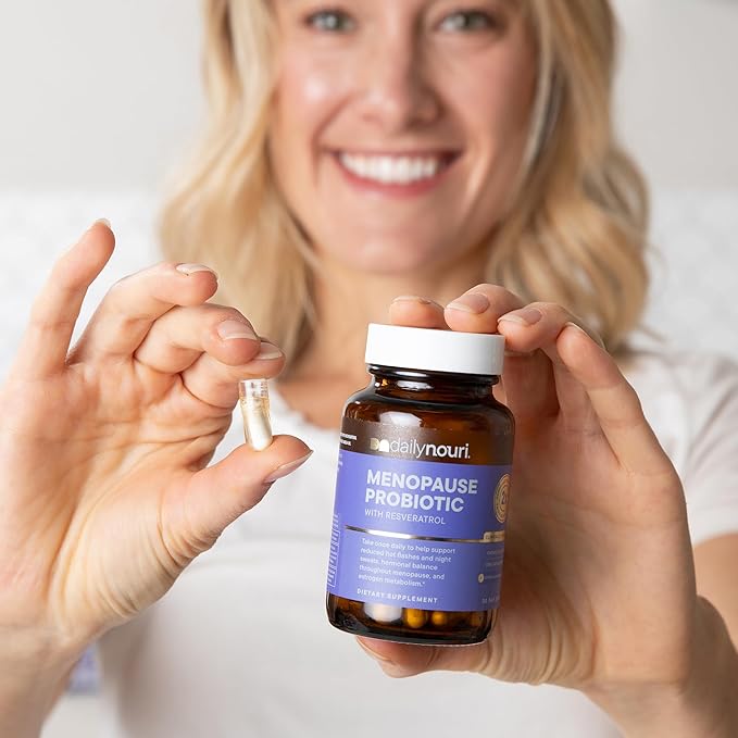 Daily Nouri Menopause Probiotics for Women | Hormonal Balance Hot Flashes Night Sweats &amp Gut Health | 3 Clinically Studied Strains + Resveratrol &amp Omega | 60-Day Supply